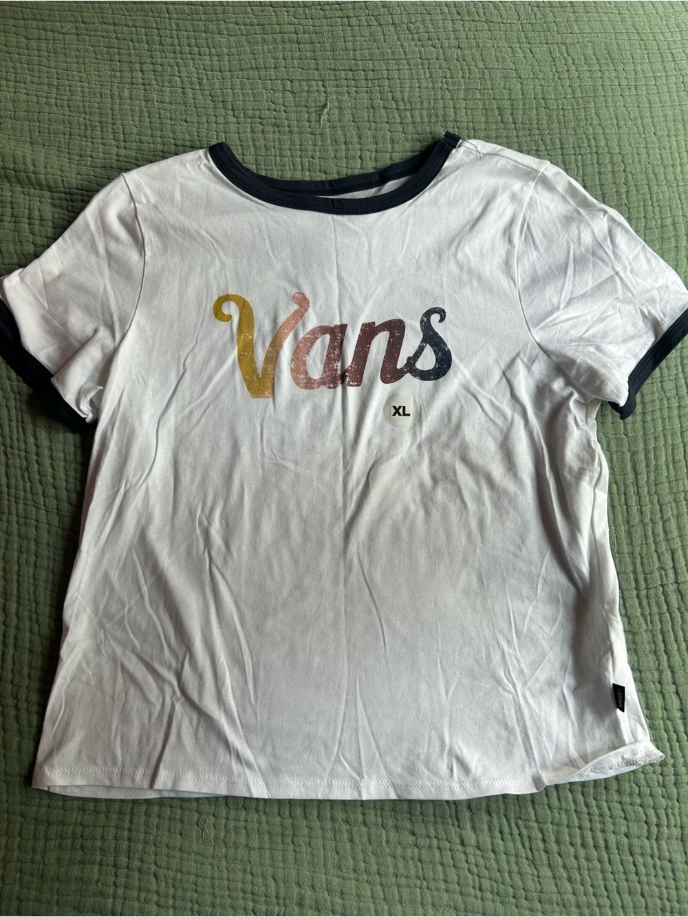 Vans White Short Sleeve Tee with Multicolor Gradient Script and Black Trim